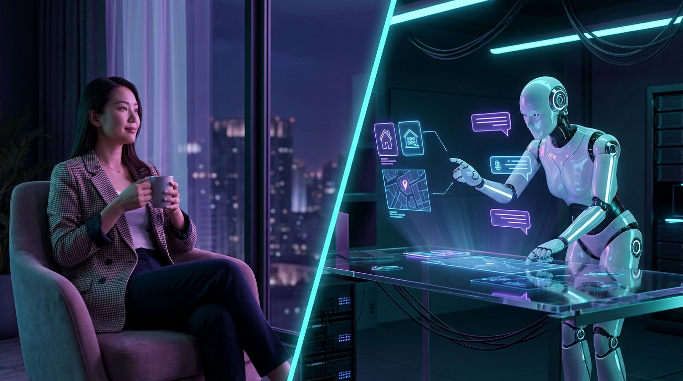 A relaxed SND agent sipping coffee while the SND Robot works at a holographic desk